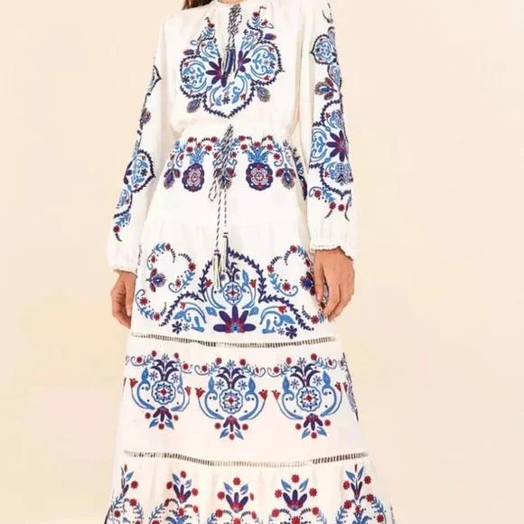 FARM Rio White Long-Sleeve Maxi Dress with Blue and Purple Embroidery - Picture 5 of 9